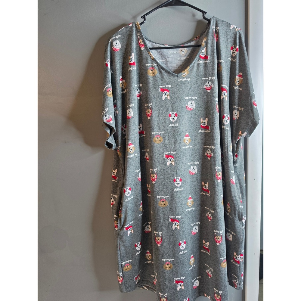 Joyspun Womens Winter Dog Print Sleep Gown Gray V-Neck Nightshirt L-XL Pockets